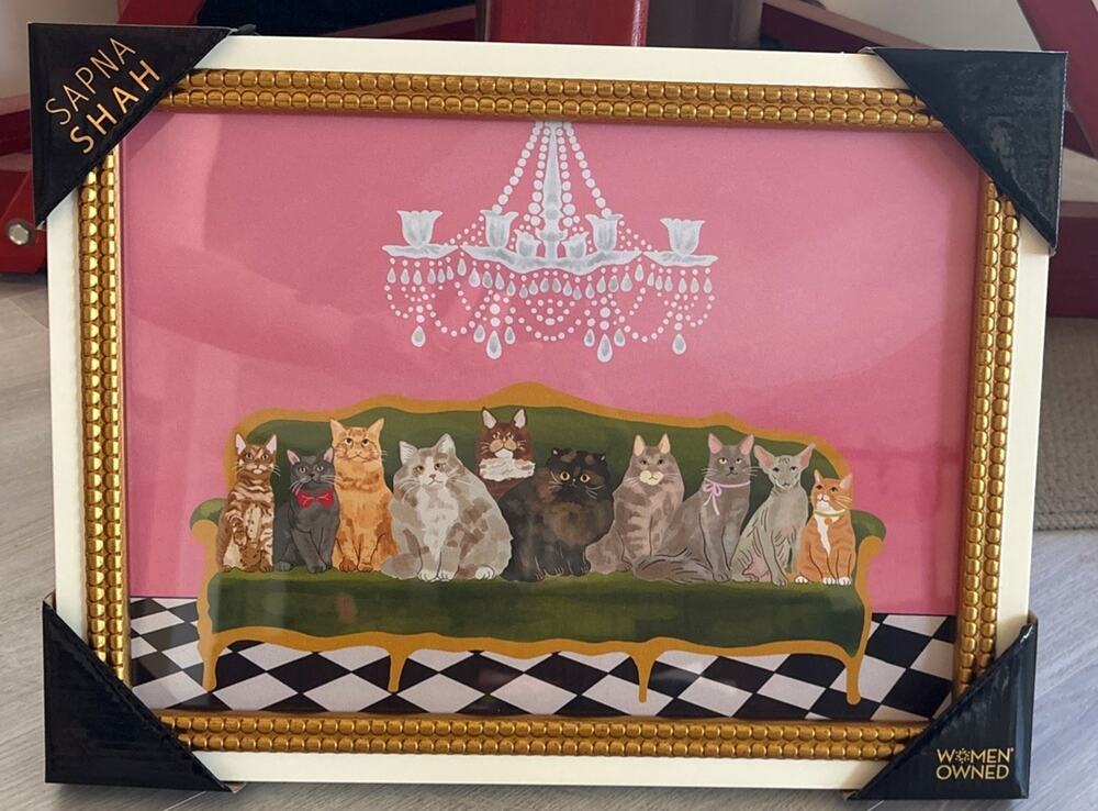Sapna Shah Cats On Sofa Cats Portrait Pink 16x12 Feline Friends Group Shot